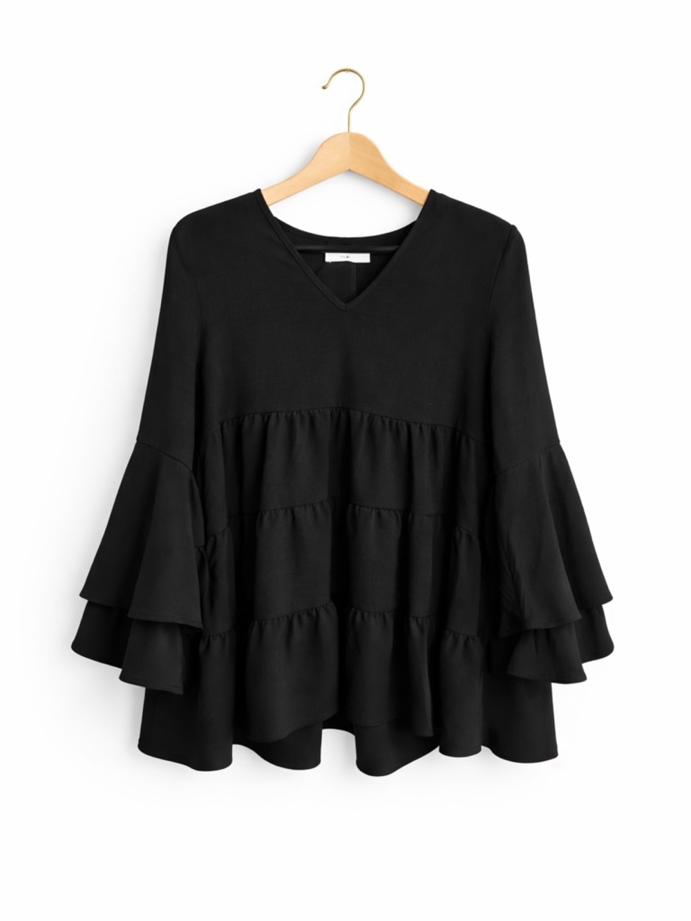 Zenana Black Tiered Babydoll Blouse Bell Sleeve Top Small - Picture 2 of 8